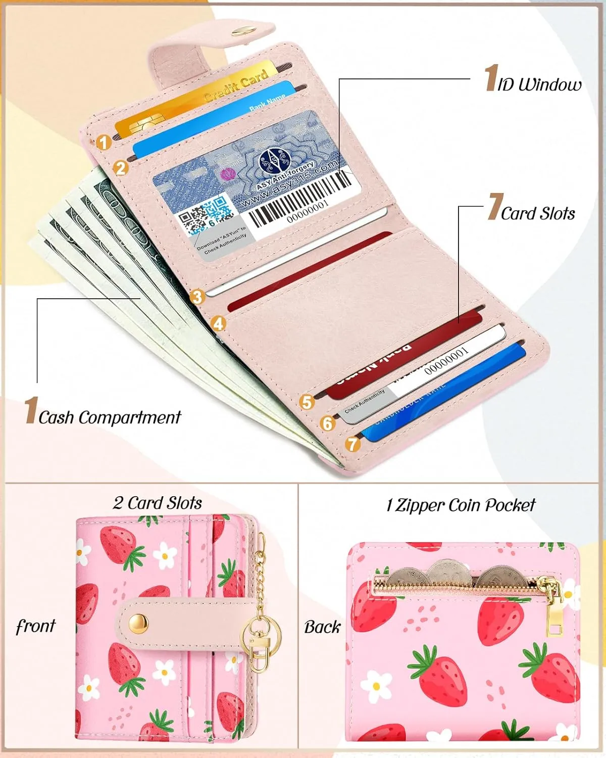 Bistup Wallet for Women Cute Bifold Small Card Wallet Rfid with Keychain for Ladies Teen Girls Female Medium Girly Aesthetic Thin Slim Strawberry Unique Pretty Modern Leather Credit Card Holder Purse