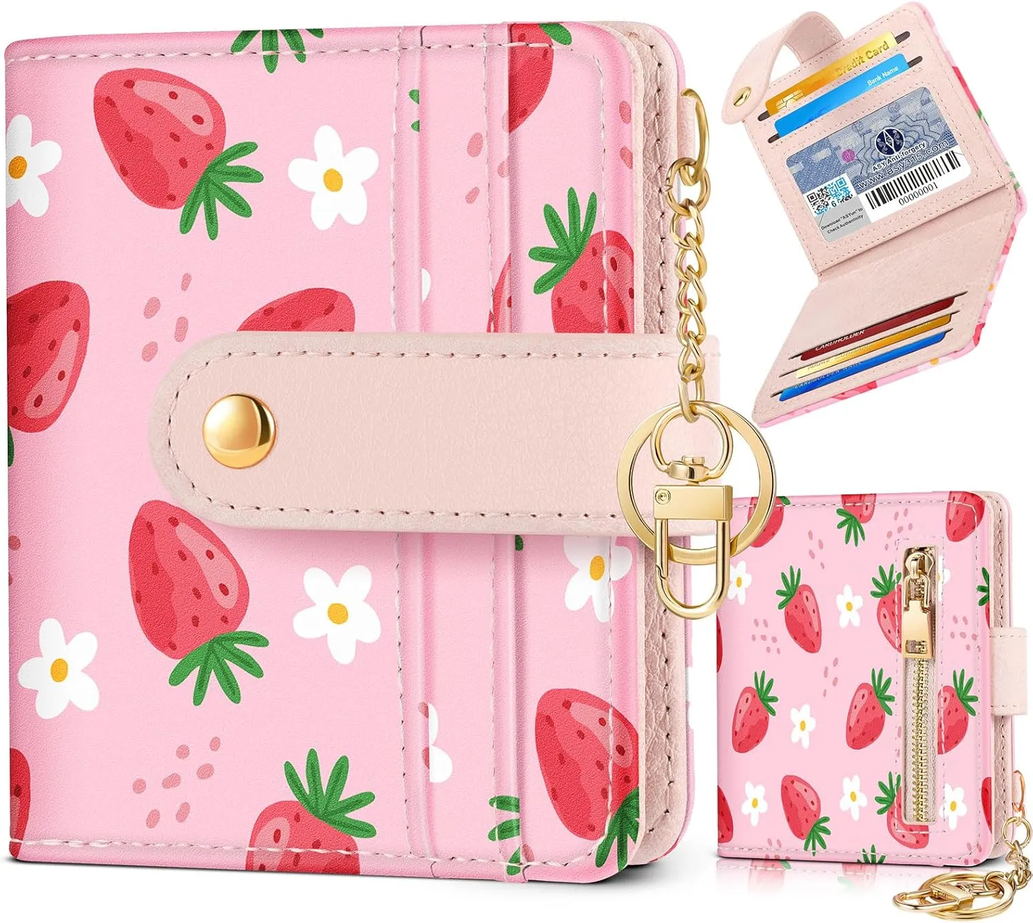 Bistup Wallet for Women Cute Bifold Small Card Wallet Rfid with Keychain for Ladies Teen Girls Female Medium Girly Aesthetic Thin Slim Strawberry Unique Pretty Modern Leather Credit Card Holder Purse