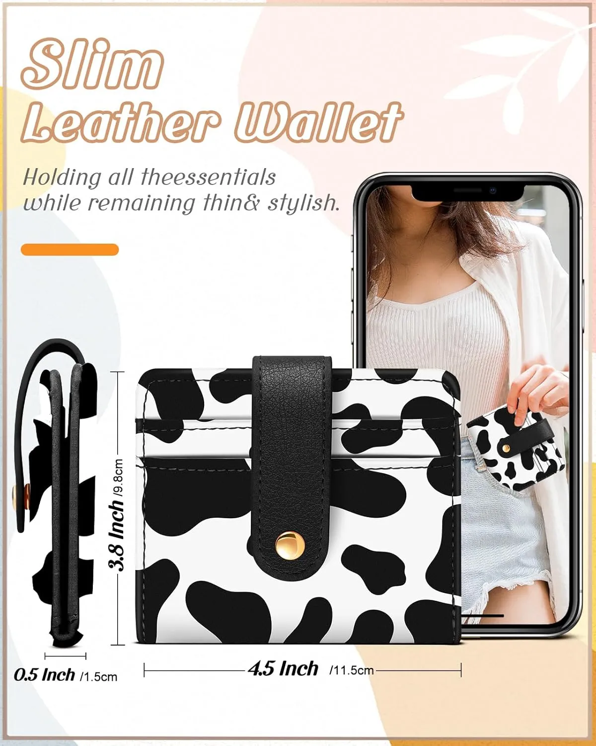 Bistup wallet Women Slim Cute Leather Thin Bifold Small Card wallet Purse for Ladies Teen Girls Female Medium Aesthetic Kawaii Print Tiny Simple Unique Pretty Modern Credit Card Holder Keychain Rfid