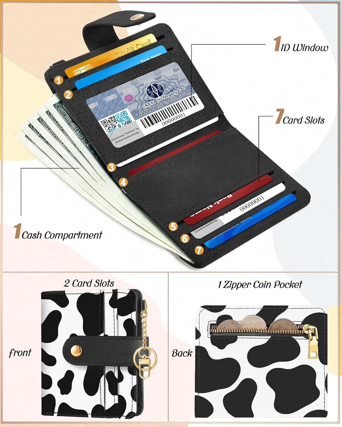 Bistup wallet Women Slim Cute Leather Thin Bifold Small Card wallet Purse for Ladies Teen Girls Female Medium Aesthetic Kawaii Print Tiny Simple Unique Pretty Modern Credit Card Holder Keychain Rfid