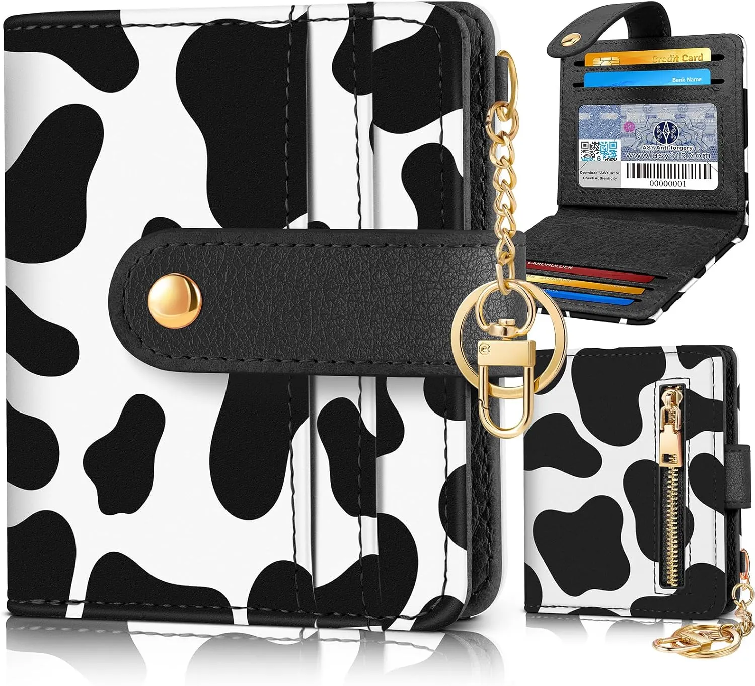 Bistup wallet Women Slim Cute Leather Thin Bifold Small Card wallet Purse for Ladies Teen Girls Female Medium Aesthetic Kawaii Print Tiny Simple Unique Pretty Modern Credit Card Holder Keychain Rfid