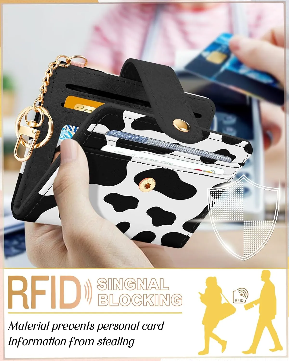 Bistup wallet Women Slim Cute Leather Thin Bifold Small Card wallet Purse for Ladies Teen Girls Female Medium Aesthetic Kawaii Print Tiny Simple Unique Pretty Modern Credit Card Holder Keychain Rfid