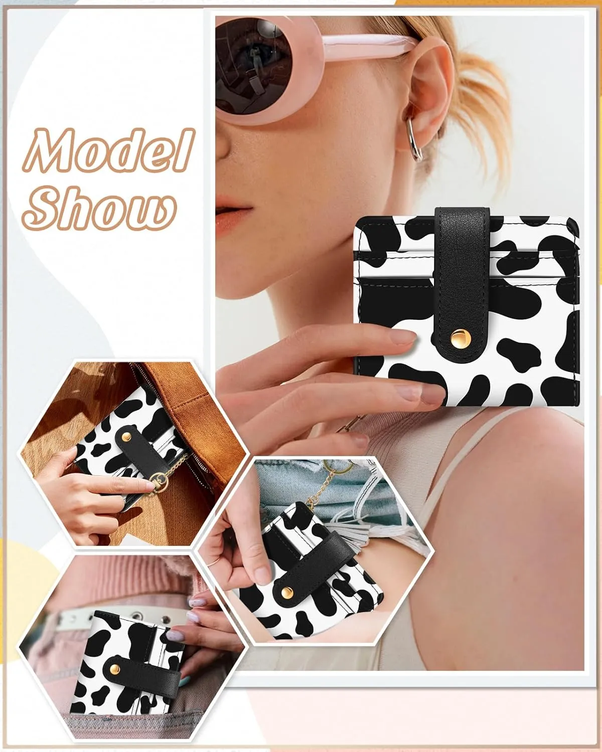 Bistup wallet Women Slim Cute Leather Thin Bifold Small Card wallet Purse for Ladies Teen Girls Female Medium Aesthetic Kawaii Print Tiny Simple Unique Pretty Modern Credit Card Holder Keychain Rfid