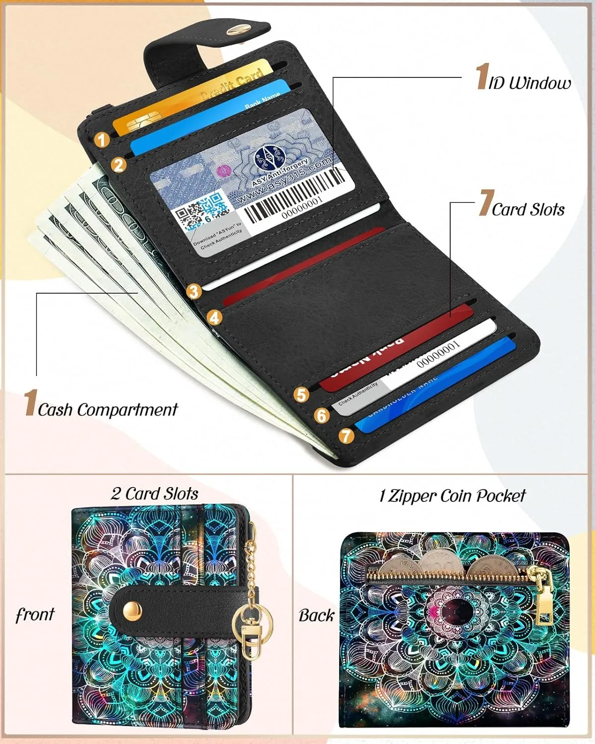 Bistup Wallet Women Slim Cute Leather Thin Bifold Small Card Wallet Purse for Ladies Teen Girls Female Medium Aesthetic Tiny Boho Simple Unique Pretty Modern Credit Card Holder with Keychain Rfid