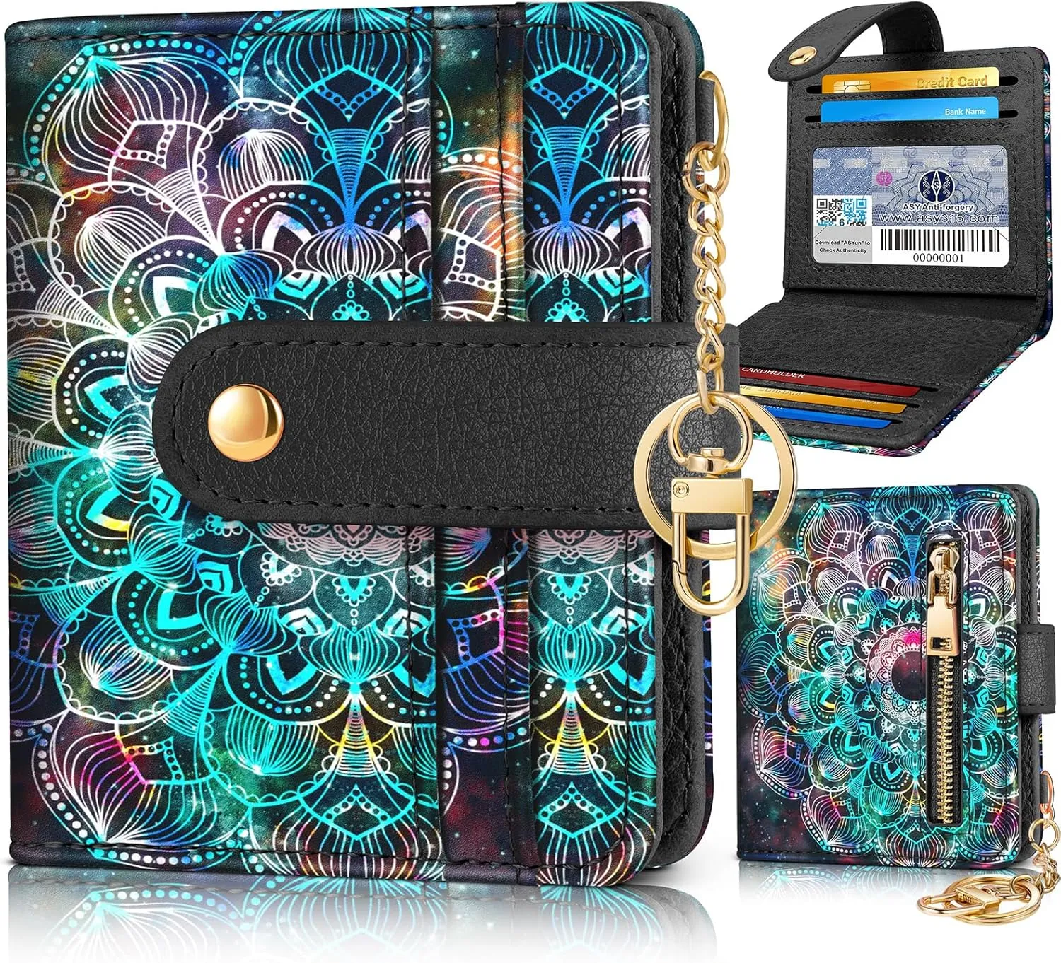 Bistup Wallet Women Slim Cute Leather Thin Bifold Small Card Wallet Purse for Ladies Teen Girls Female Medium Aesthetic Tiny Boho Simple Unique Pretty Modern Credit Card Holder with Keychain Rfid