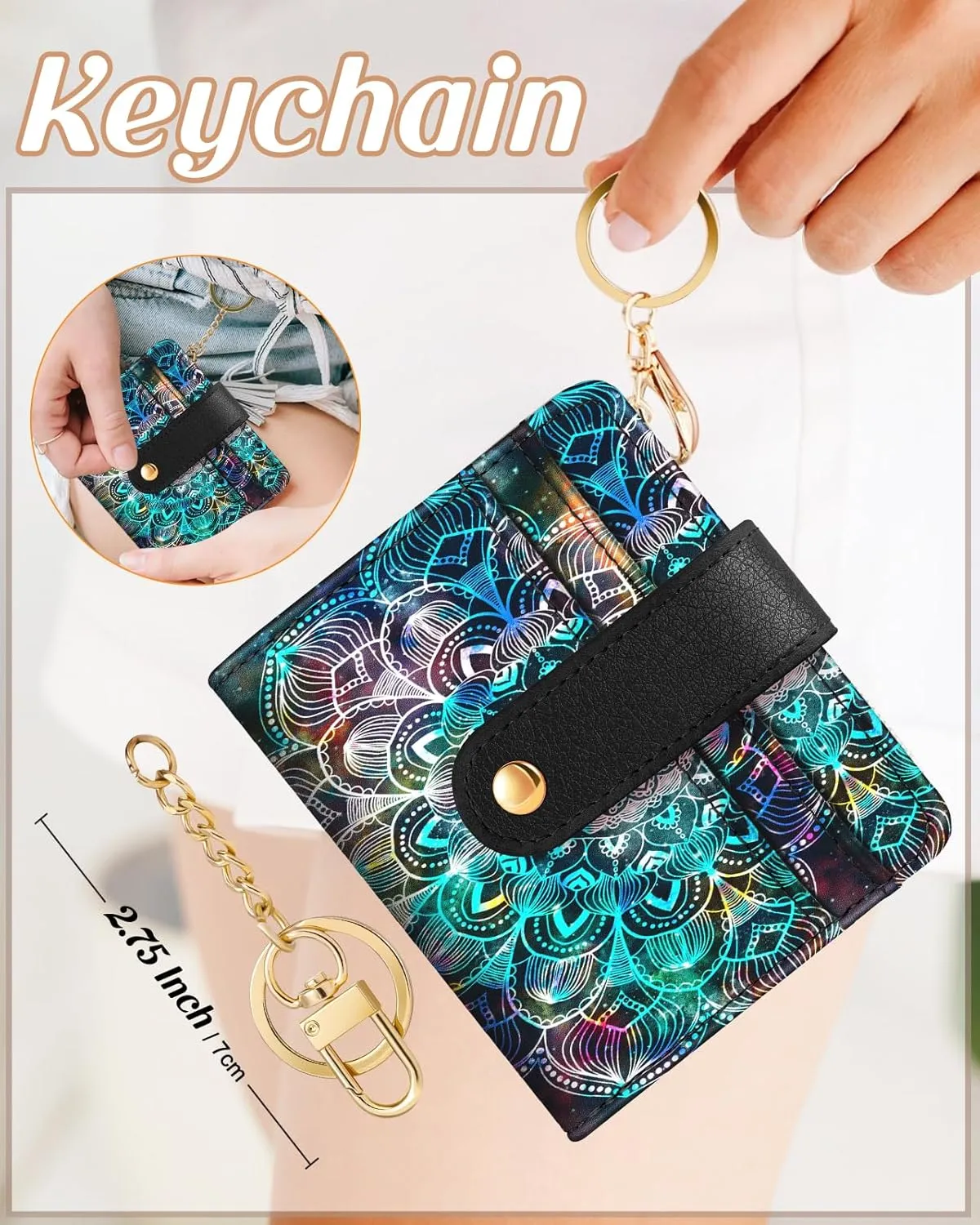 Bistup Wallet Women Slim Cute Leather Thin Bifold Small Card Wallet Purse for Ladies Teen Girls Female Medium Aesthetic Tiny Boho Simple Unique Pretty Modern Credit Card Holder with Keychain Rfid