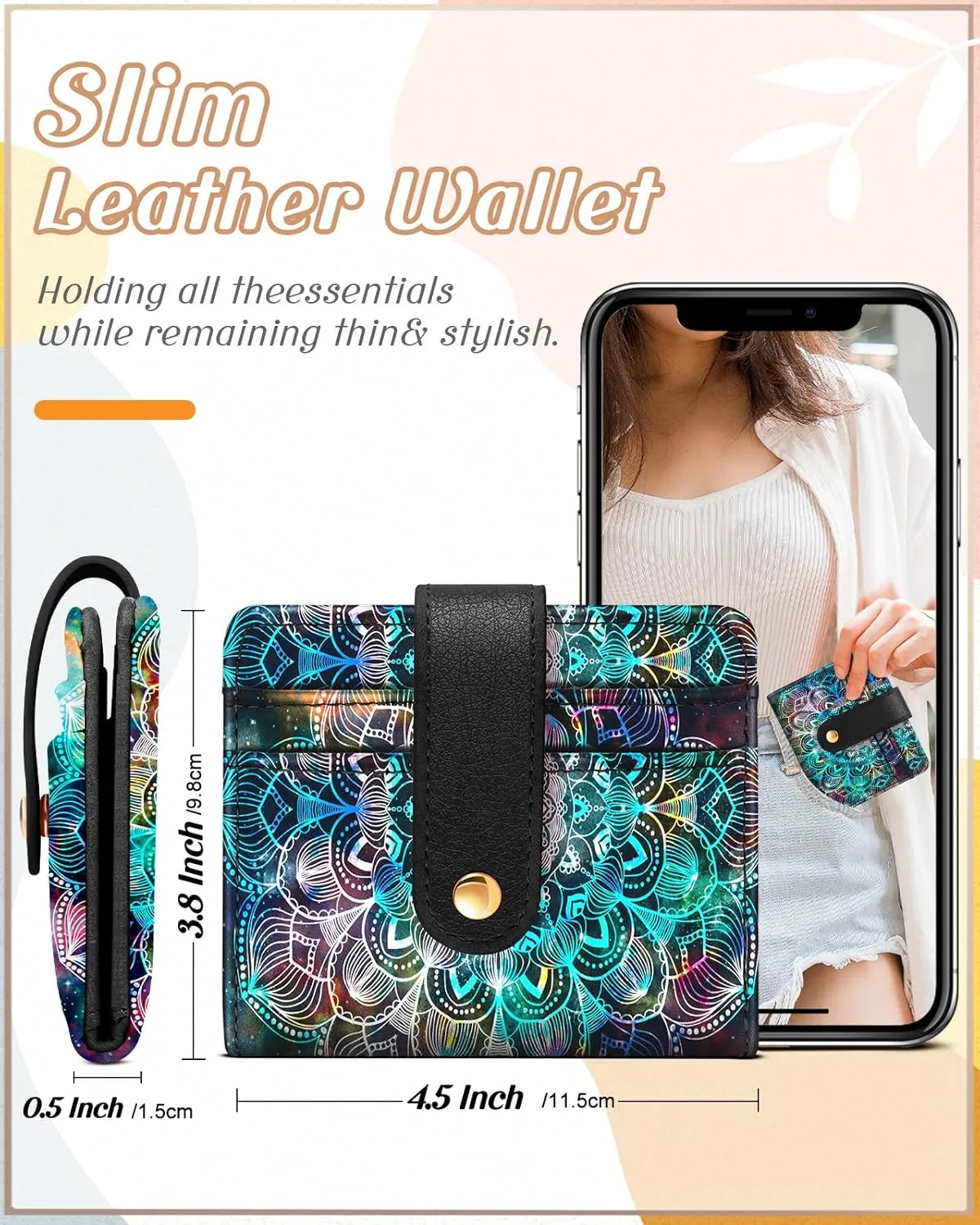 Bistup Wallet Women Slim Cute Leather Thin Bifold Small Card Wallet Purse for Ladies Teen Girls Female Medium Aesthetic Tiny Boho Simple Unique Pretty Modern Credit Card Holder with Keychain Rfid