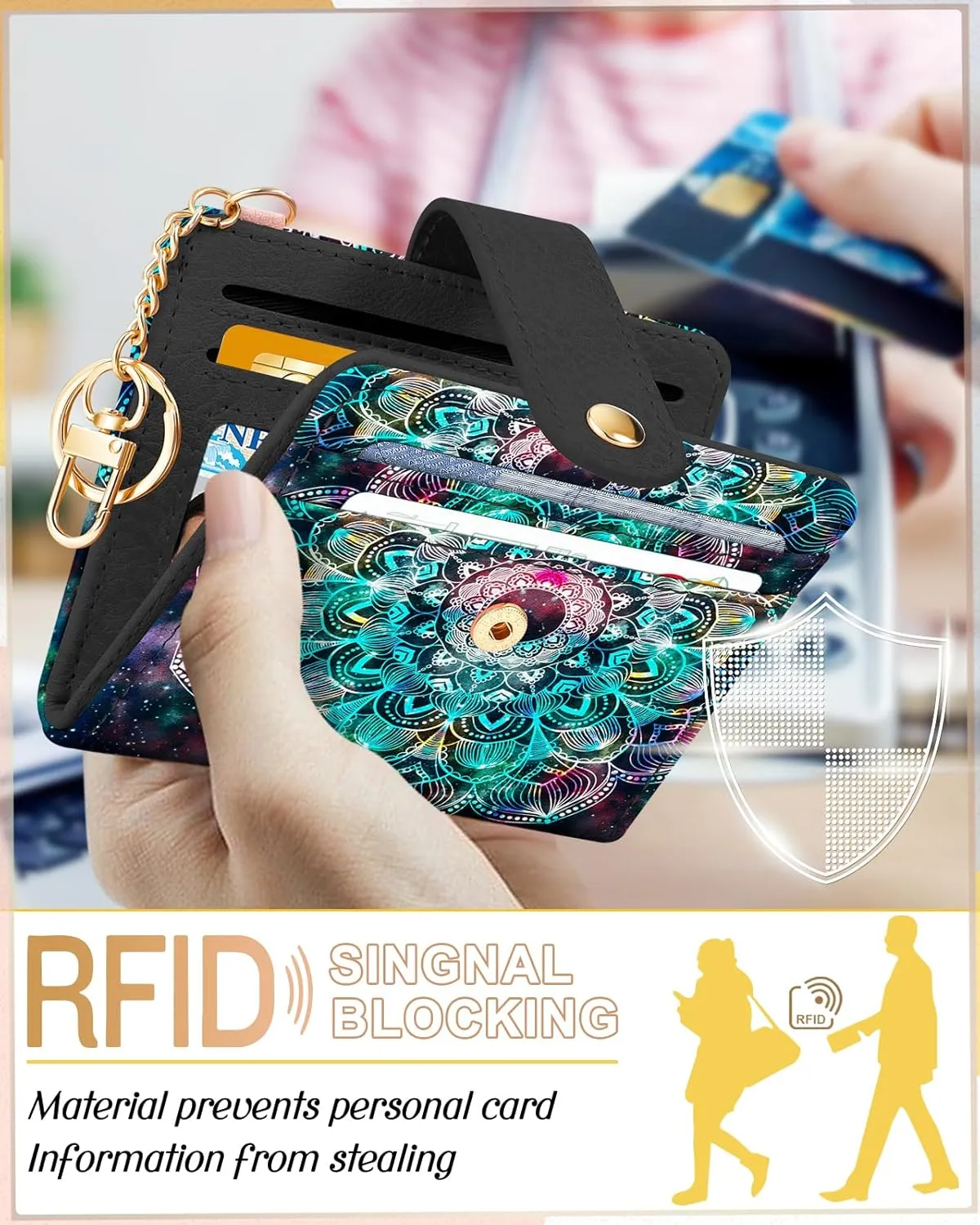 Bistup Wallet Women Slim Cute Leather Thin Bifold Small Card Wallet Purse for Ladies Teen Girls Female Medium Aesthetic Tiny Boho Simple Unique Pretty Modern Credit Card Holder with Keychain Rfid