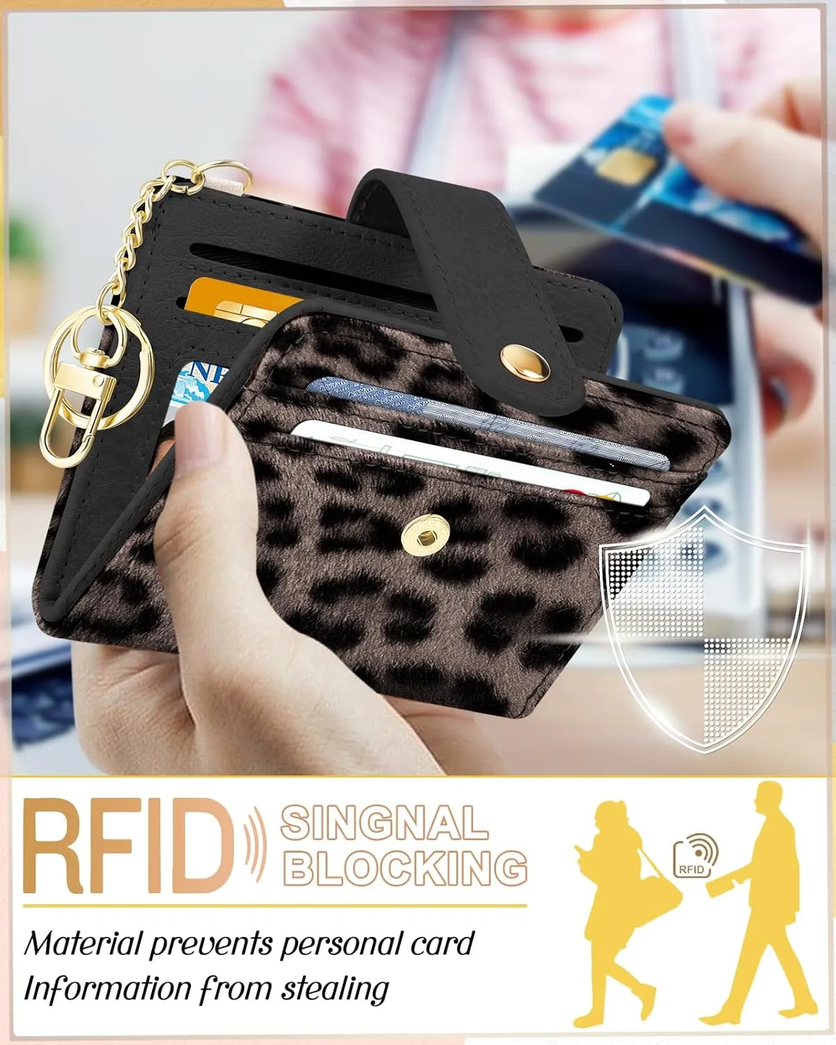 Bistup Wallet Women Slim Cute Leather Thin Bifold Small Card Wallet Purse for Ladies Teen Girls Female Medium Aesthetic Tiny Cheetah Print Simple Unique Pretty Modern Credit Card Holder Keychain Rfid