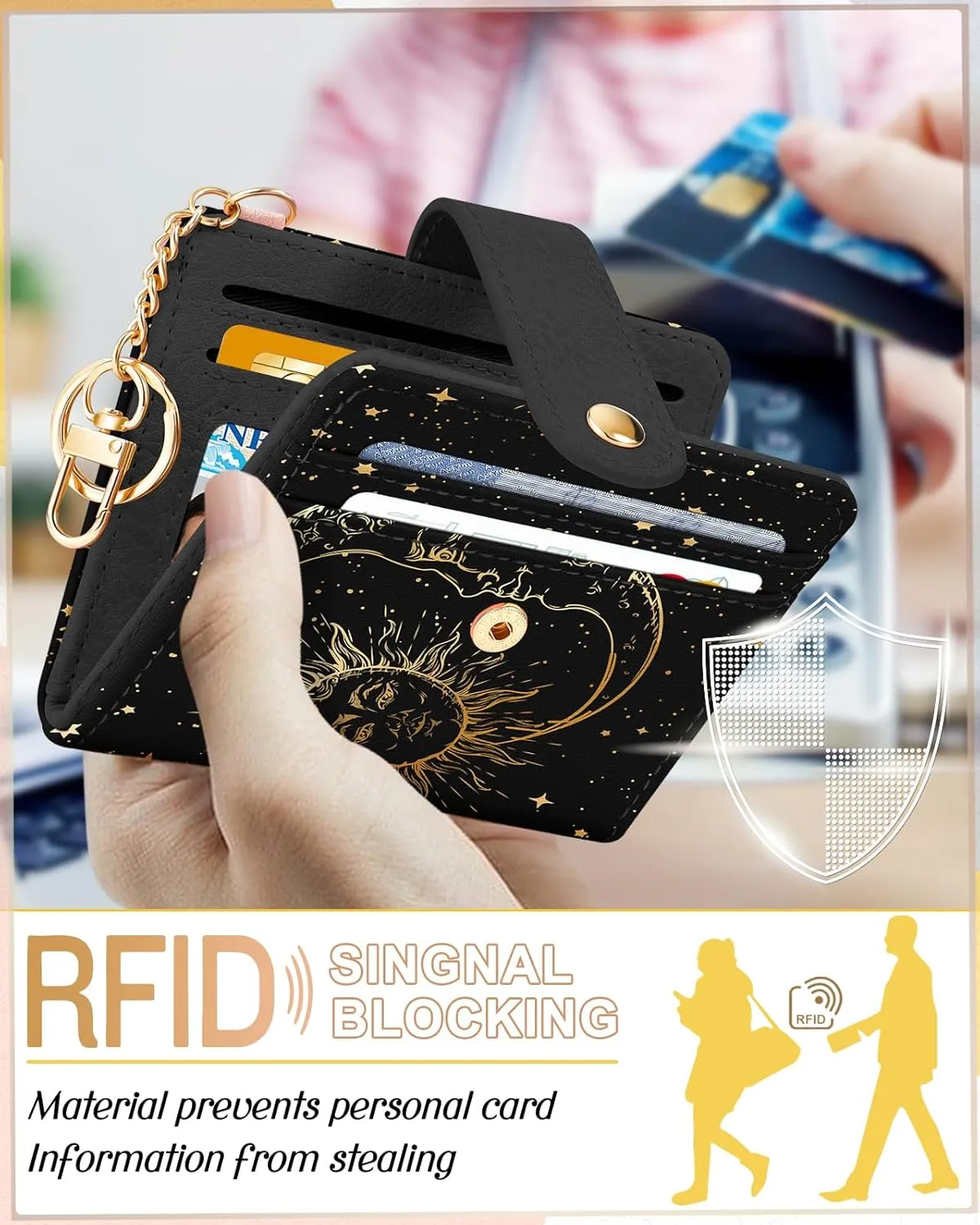 Bistup Wallet Women Slim Cute Leather Thin Bifold Small Card Wallet Purse Lady Teen Girls Female Medium Aesthetic Cool Tiny Sun Moon Girly Simple Unique Pretty Modern Credit Card Holder Keychain Rfid