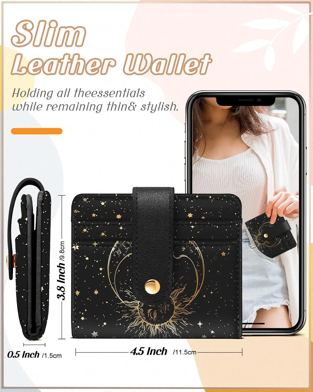 Bistup Wallet Women Slim Cute Leather Thin Bifold Small Card Wallet Purse Lady Teen Girls Female Medium Aesthetic Cool Tiny Sun Moon Girly Simple Unique Pretty Modern Credit Card Holder Keychain Rfid