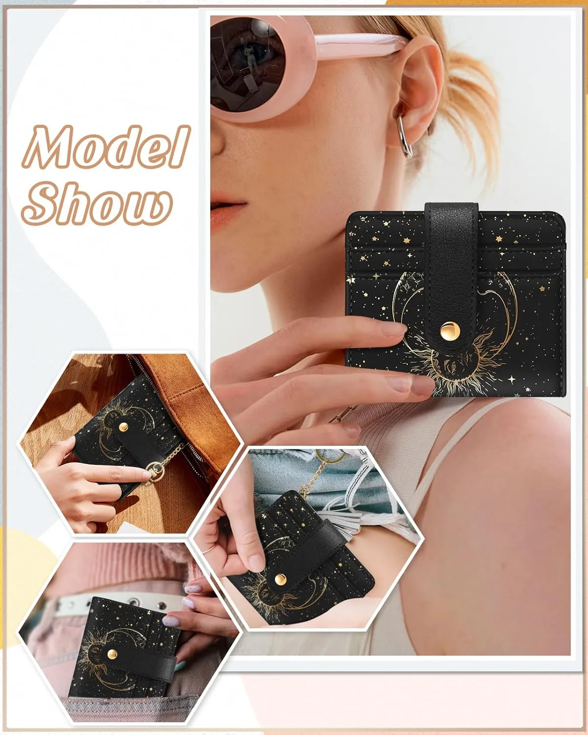 Bistup Wallet Women Slim Cute Leather Thin Bifold Small Card Wallet Purse Lady Teen Girls Female Medium Aesthetic Cool Tiny Sun Moon Girly Simple Unique Pretty Modern Credit Card Holder Keychain Rfid