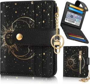 Bistup Wallet Women Slim Cute Leather Thin Bifold Small Card Wallet Purse Lady Teen Girls Female Medium Aesthetic Cool Tiny Sun Moon Girly Simple Unique Pretty Modern Credit Card Holder Keychain Rfid