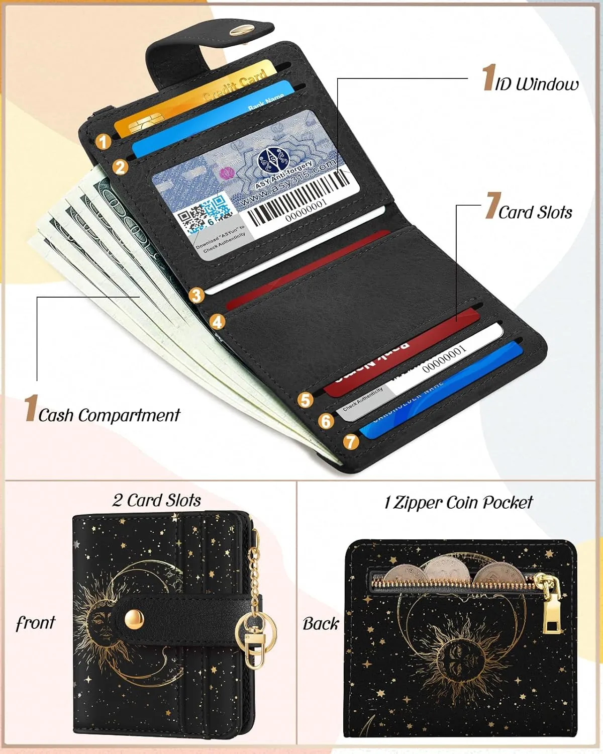 Bistup Wallet Women Slim Cute Leather Thin Bifold Small Card Wallet Purse Lady Teen Girls Female Medium Aesthetic Cool Tiny Sun Moon Girly Simple Unique Pretty Modern Credit Card Holder Keychain Rfid