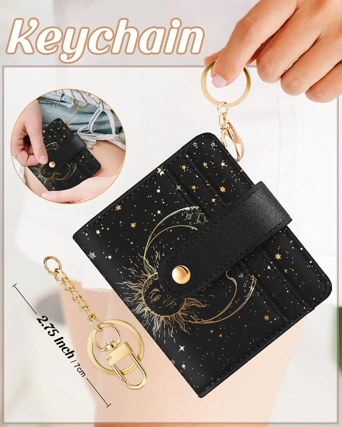Bistup Wallet Women Slim Cute Leather Thin Bifold Small Card Wallet Purse Lady Teen Girls Female Medium Aesthetic Cool Tiny Sun Moon Girly Simple Unique Pretty Modern Credit Card Holder Keychain Rfid