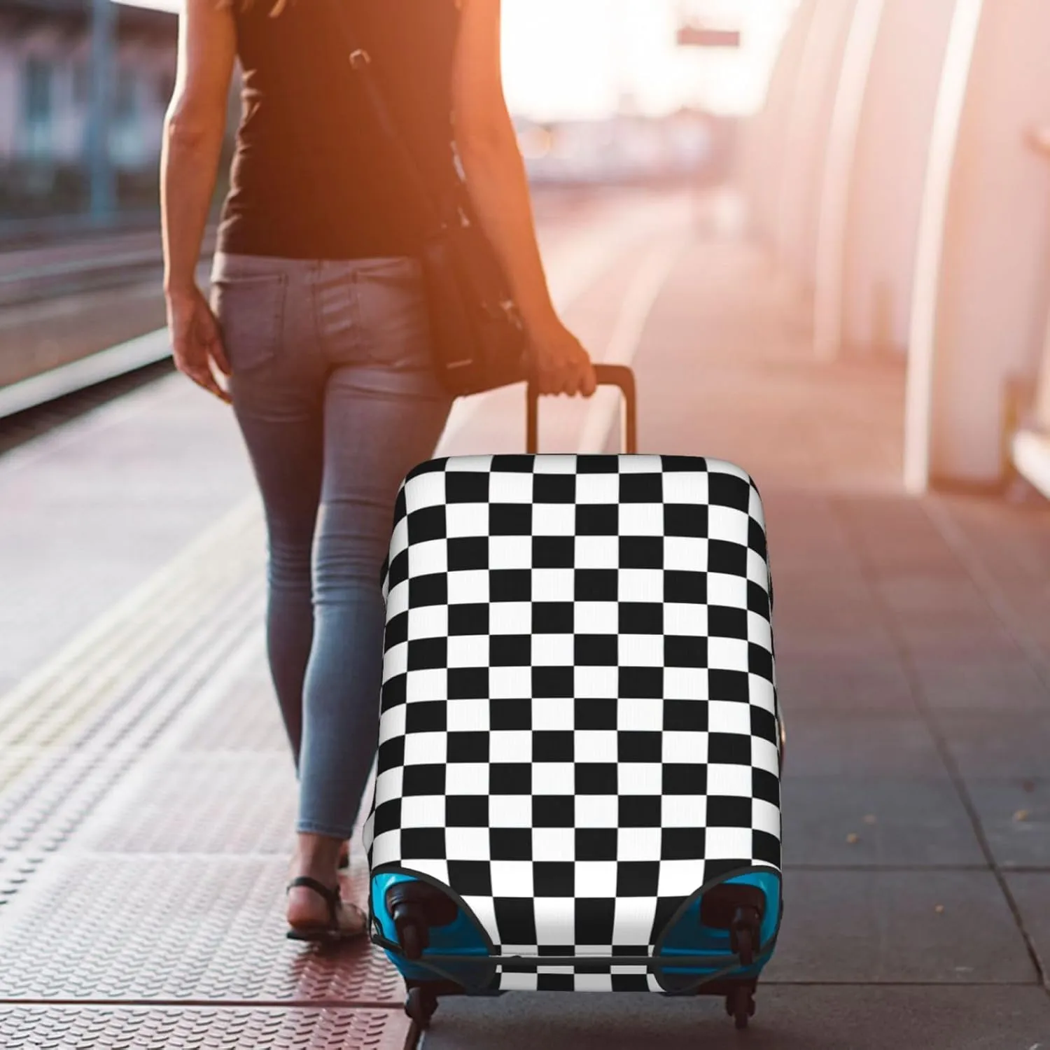 Black and White checkered stripes Print Unique Travel Luggage Cover Washable Anti Scratch Suitcase Protector for Vacation