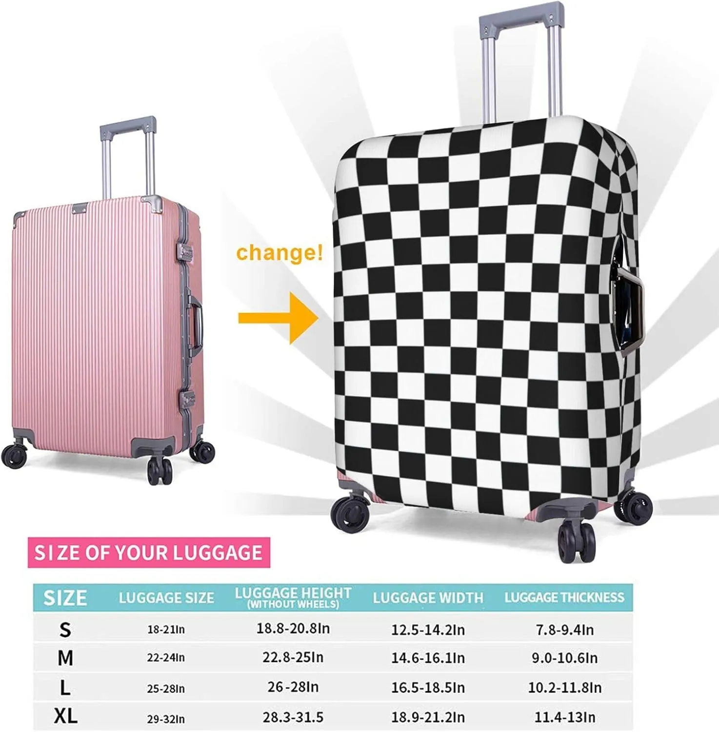 Black and White checkered stripes Print Unique Travel Luggage Cover Washable Anti Scratch Suitcase Protector for Vacation