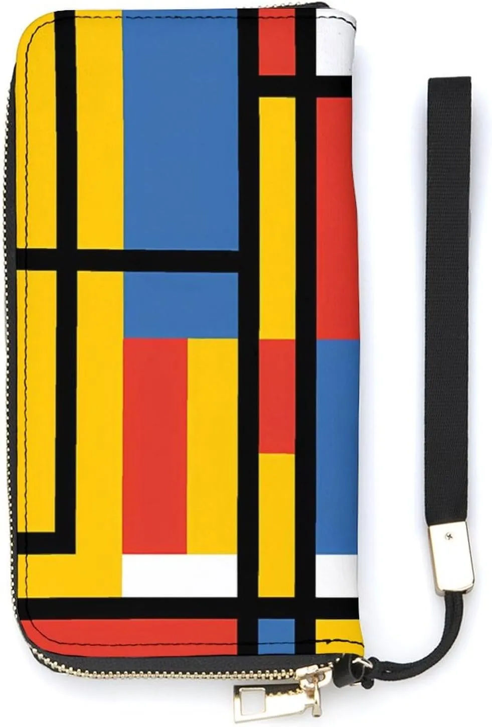 Black Bauhaus Abstract Modern Mondrian Style Blue Geometric Wristlet Wallet Leather Long Card Holder Purse Slim Clutch Handbag for Women