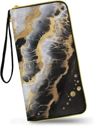 Black Marble Print Wallet Clutch Purse with Wristlet for Women Travel Phone Purse, Modern Gold White Marble Texture Zipper Around Wallet Soft Leather Long Wallet Wristlet
