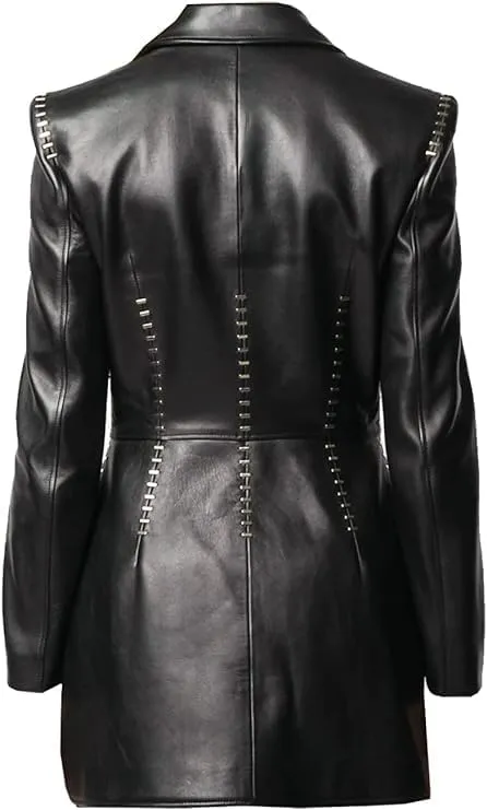 Blazer Coat Genuine Leather Jacket for Women Coat Style Slim Fit and Long Coat Metal Stitching