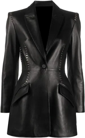 Blazer Coat Genuine Leather Jacket for Women Coat Style Slim Fit and Long Coat Metal Stitching
