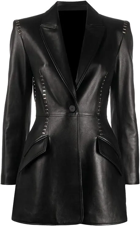 Blazer Coat Genuine Leather Jacket for Women Coat Style Slim Fit and Long Coat Metal Stitching