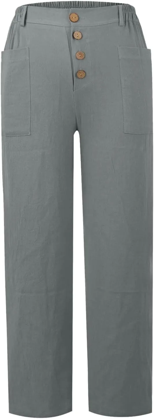 Bohemian Linen Pants for Women 2024 Casual Summer Button Elastic Waist Capri Pants Beach Pants with Big Pockets