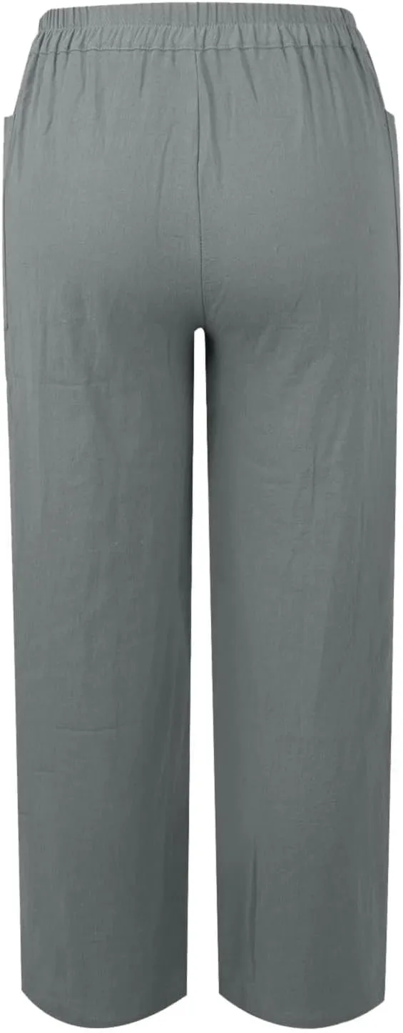 Bohemian Linen Pants for Women 2024 Casual Summer Button Elastic Waist Capri Pants Beach Pants with Big Pockets