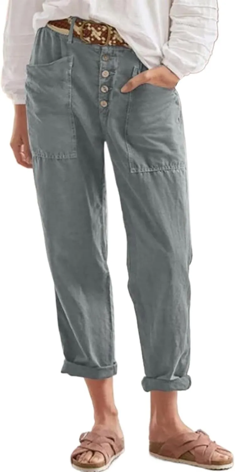 Bohemian Linen Pants for Women 2024 Casual Summer Button Elastic Waist Capri Pants Beach Pants with Big Pockets