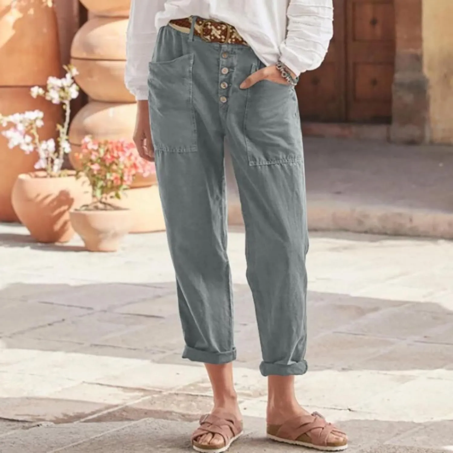 Bohemian Linen Pants for Women 2024 Casual Summer Button Elastic Waist Capri Pants Beach Pants with Big Pockets