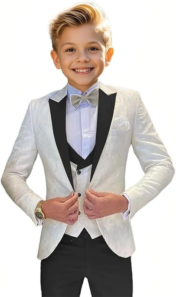 Boys Suit Jacquard Slim Fit Tuxedo Suit 3 Piece Kids Suit for Boys Formal Wedding Suit Blazer Vest Pants Set