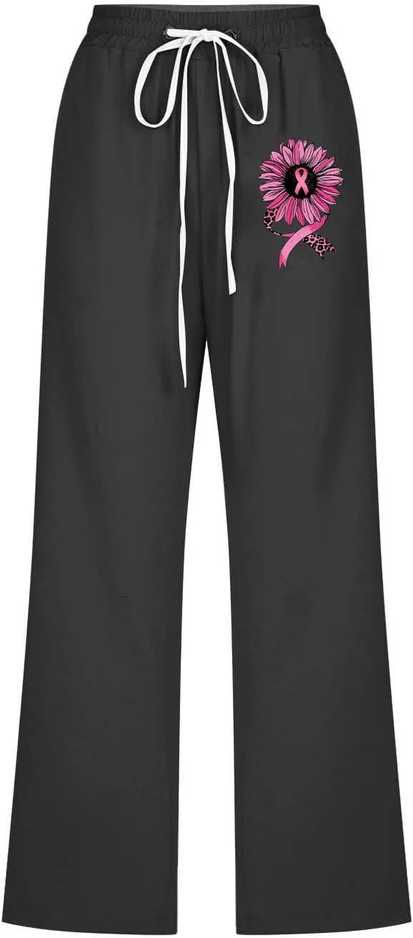 Breast Cancer Capri Pants for Women Drawstring Elastic High Waist Linen Pants Pink Ribbon Straight Cropped Trouser