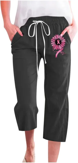 Breast Cancer Capri Pants for Women Drawstring Elastic High Waist Linen Pants Pink Ribbon Straight Cropped Trouser