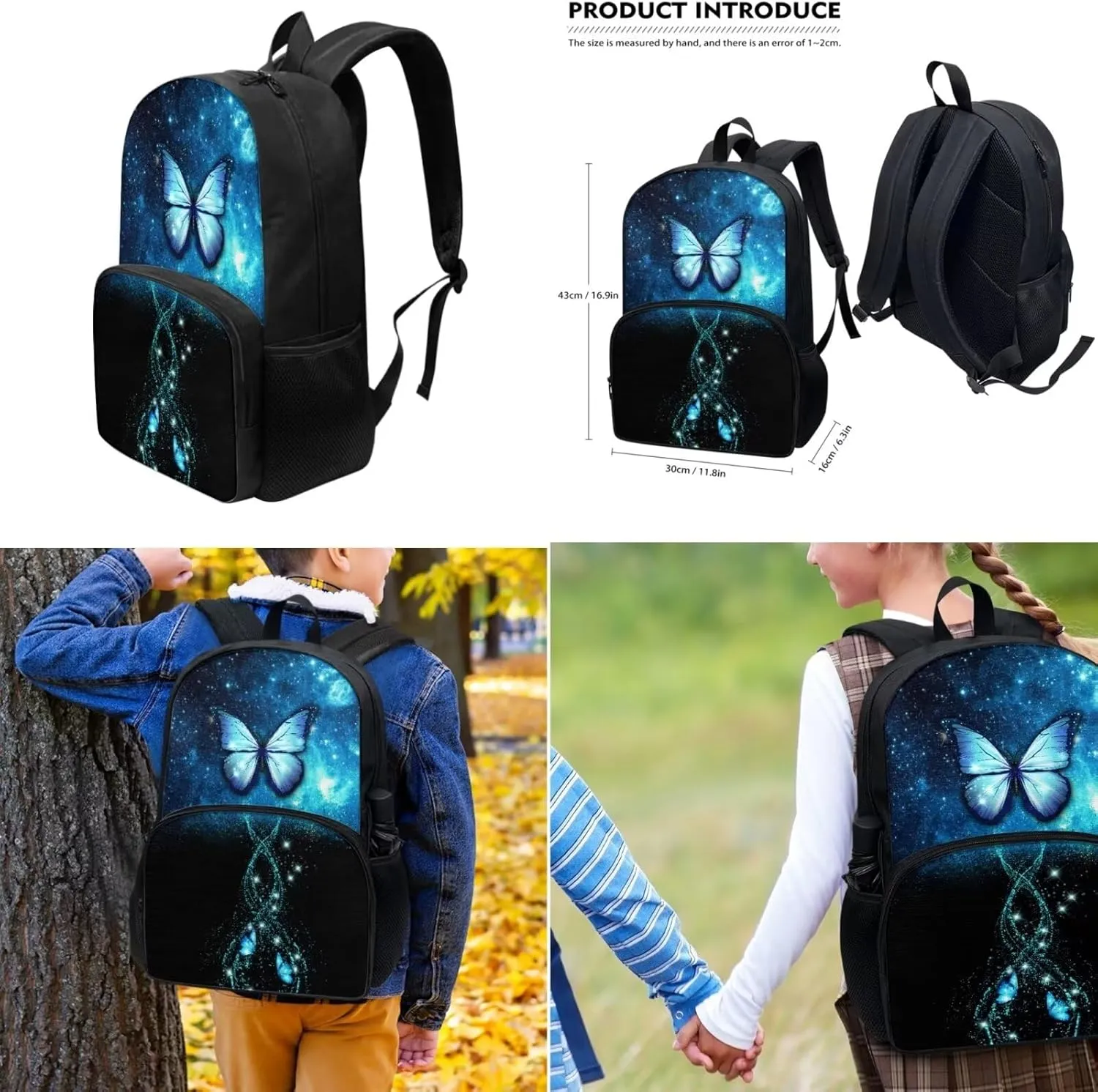 Buybai 3 Pcs Blue Butterfly Backpack Set 17 Inch Bookbag with Adjustable Shoulder Strap Insulated Lunch Box Modern Pen Bag