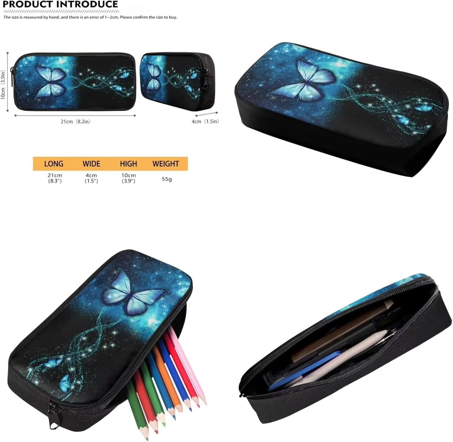 Buybai 3 Pcs Blue Butterfly Backpack Set 17 Inch Bookbag with Adjustable Shoulder Strap Insulated Lunch Box Modern Pen Bag
