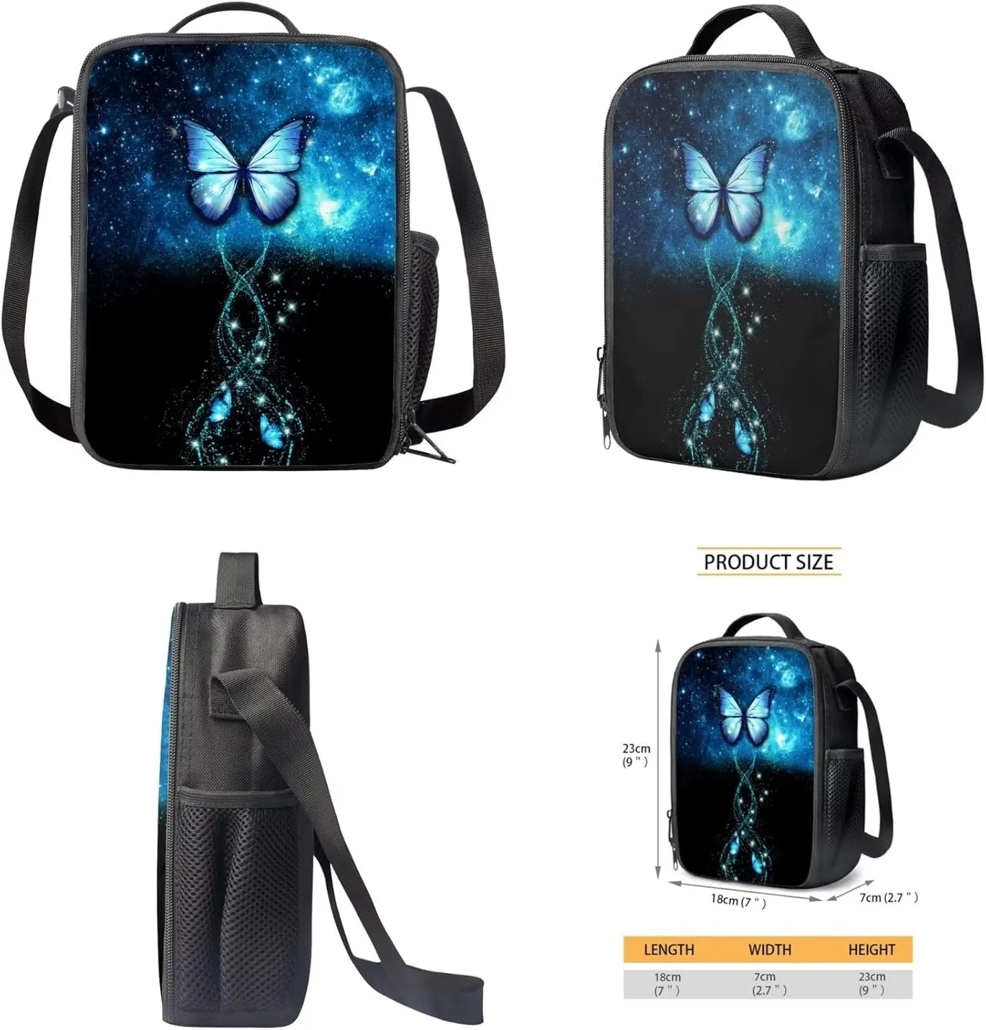 Buybai 3 Pcs Blue Butterfly Backpack Set 17 Inch Bookbag with Adjustable Shoulder Strap Insulated Lunch Box Modern Pen Bag