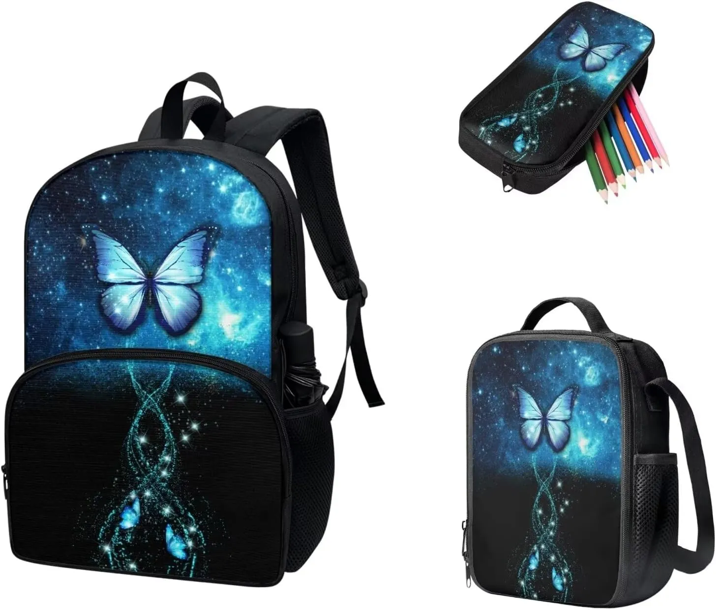 Buybai 3 Pcs Blue Butterfly Backpack Set 17 Inch Bookbag with Adjustable Shoulder Strap Insulated Lunch Box Modern Pen Bag