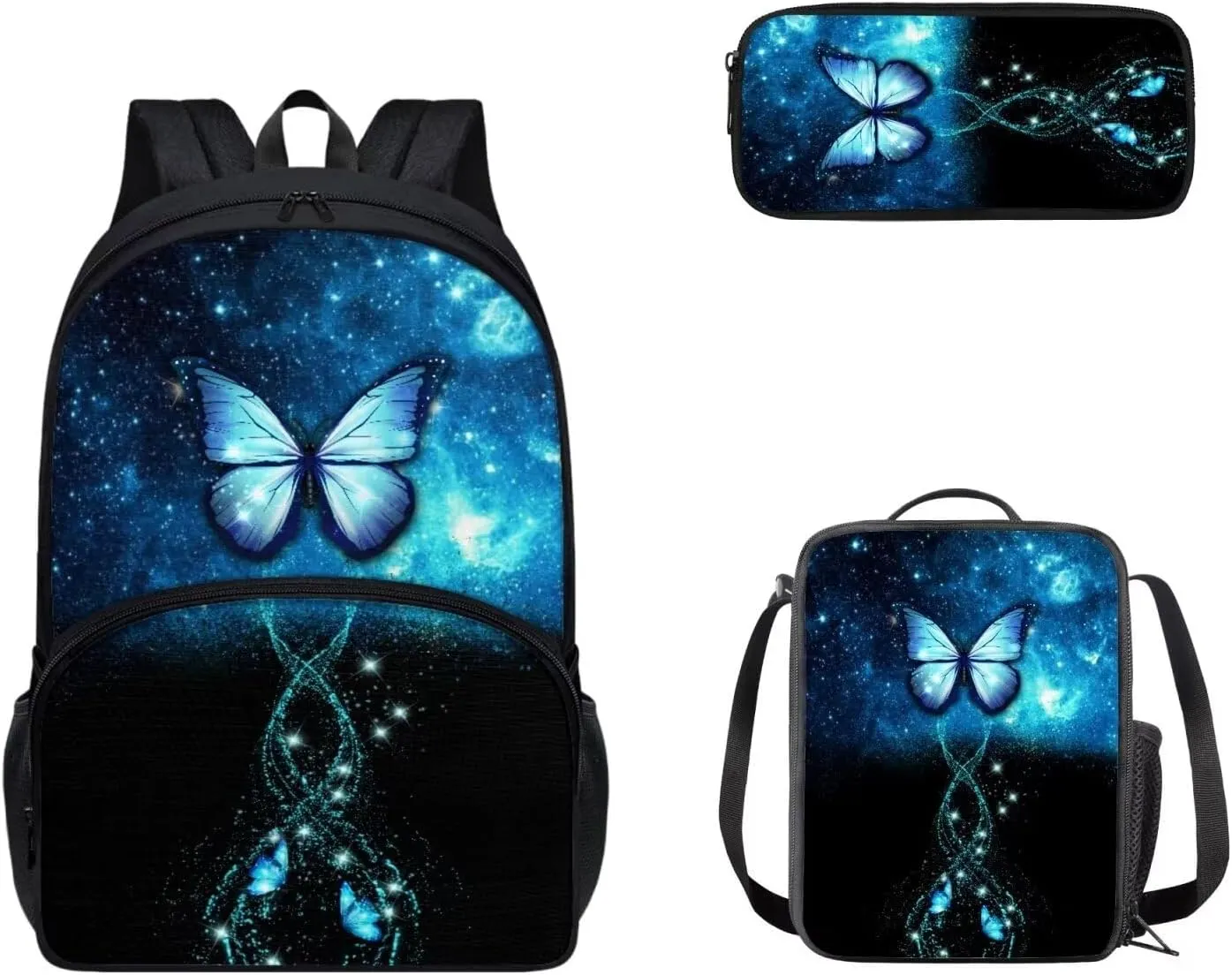 Buybai 3 Pcs Blue Butterfly Backpack Set 17 Inch Bookbag with Adjustable Shoulder Strap Insulated Lunch Box Modern Pen Bag