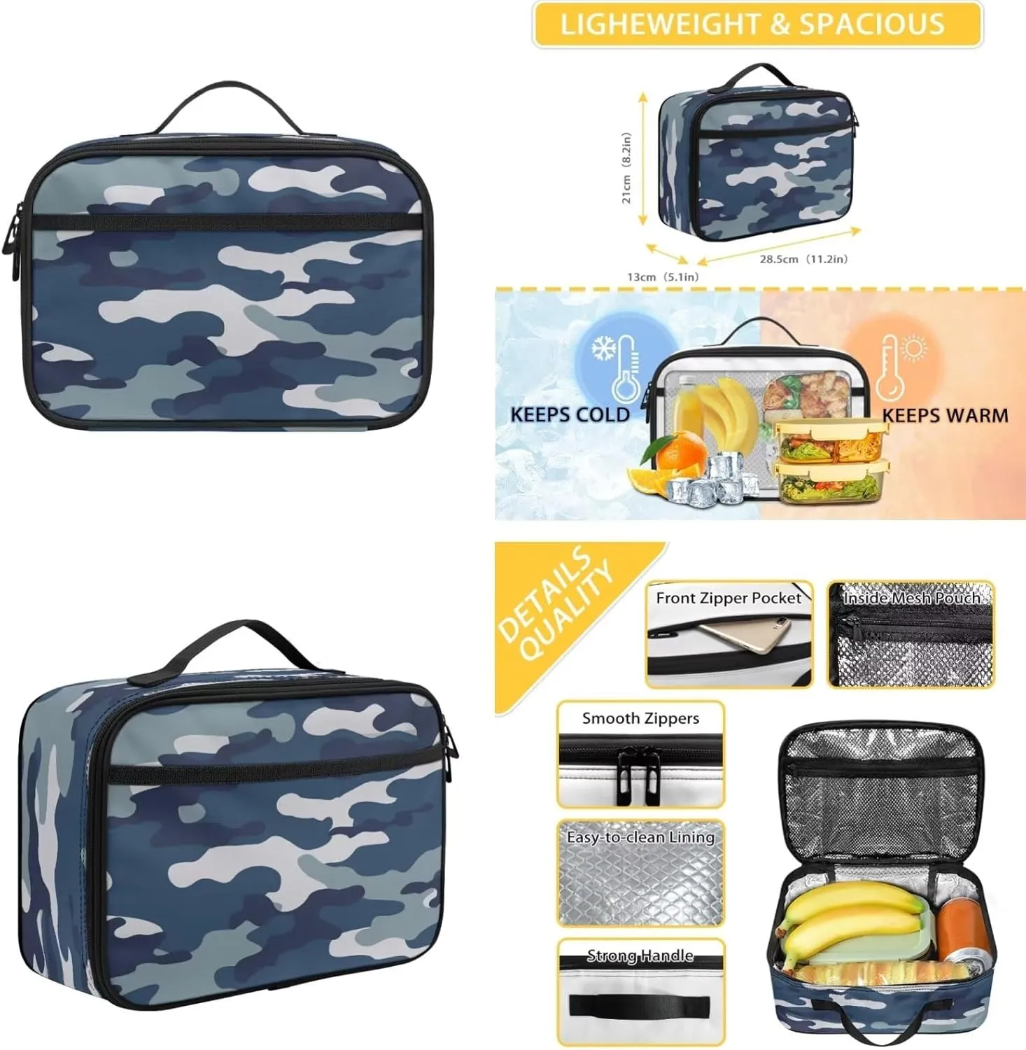 Buybai Kids Backpack 3 Pcs Set Aesthetic Bookbag Back to School Thermal Lunch Bag Modern Pencil Box for Girls Boys, Blue Camo