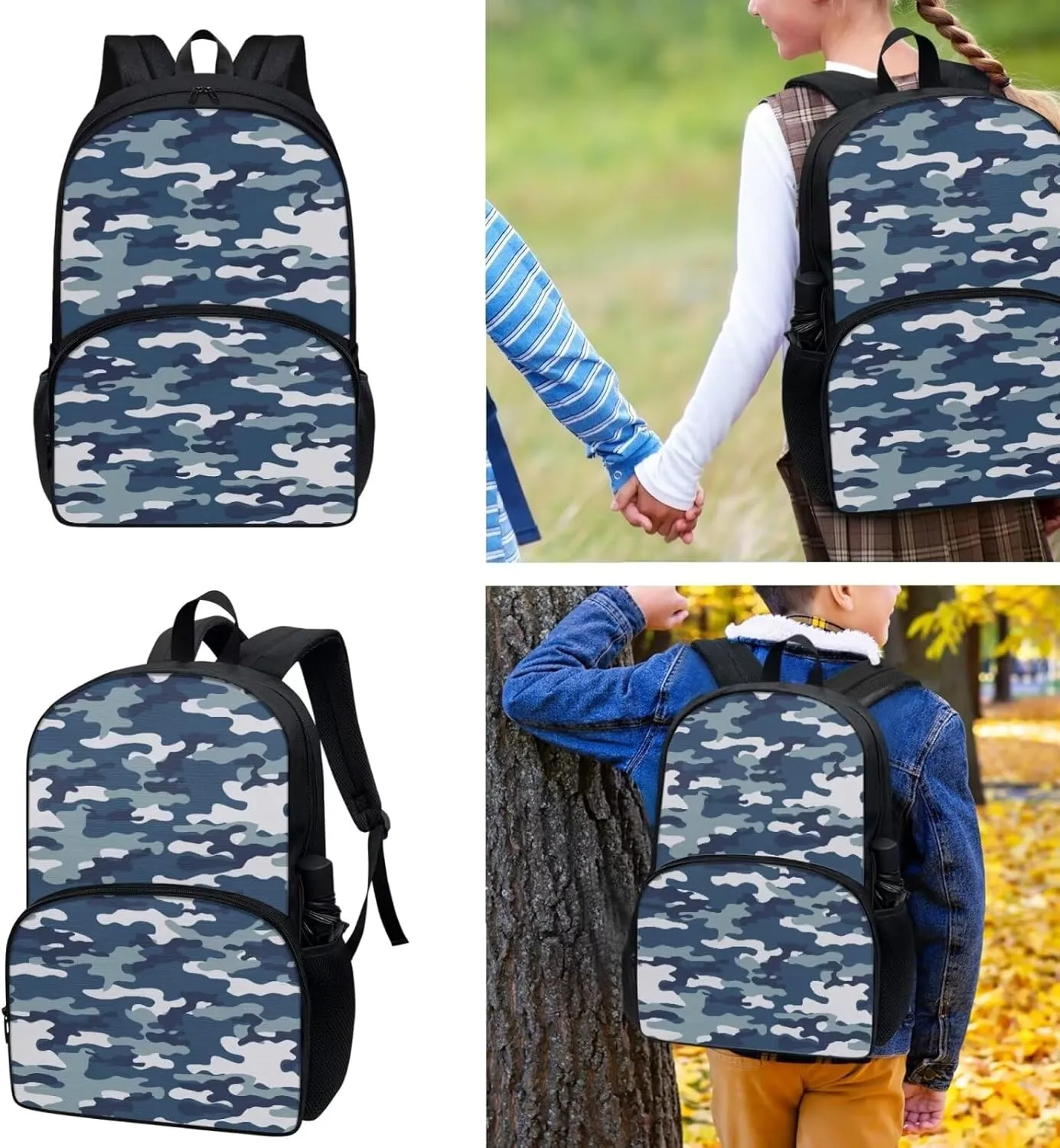 Buybai Kids Backpack 3 Pcs Set Aesthetic Bookbag Back to School Thermal Lunch Bag Modern Pencil Box for Girls Boys, Blue Camo