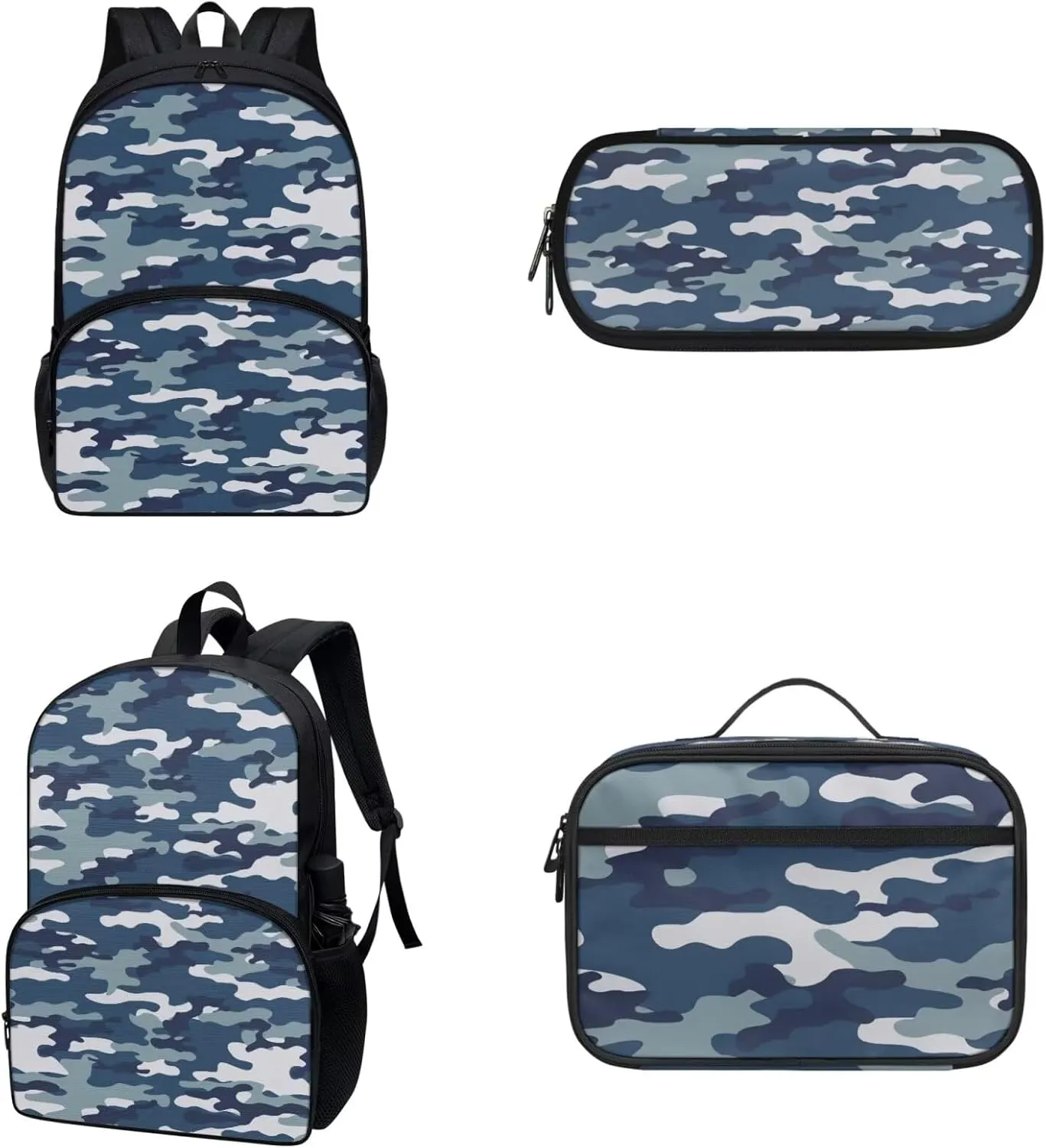 Buybai Kids Backpack 3 Pcs Set Aesthetic Bookbag Back to School Thermal Lunch Bag Modern Pencil Box for Girls Boys, Blue Camo