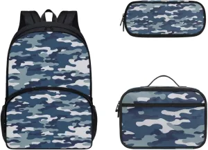 Buybai Kids Backpack 3 Pcs Set Aesthetic Bookbag Back to School Thermal Lunch Bag Modern Pencil Box for Girls Boys, Blue Camo