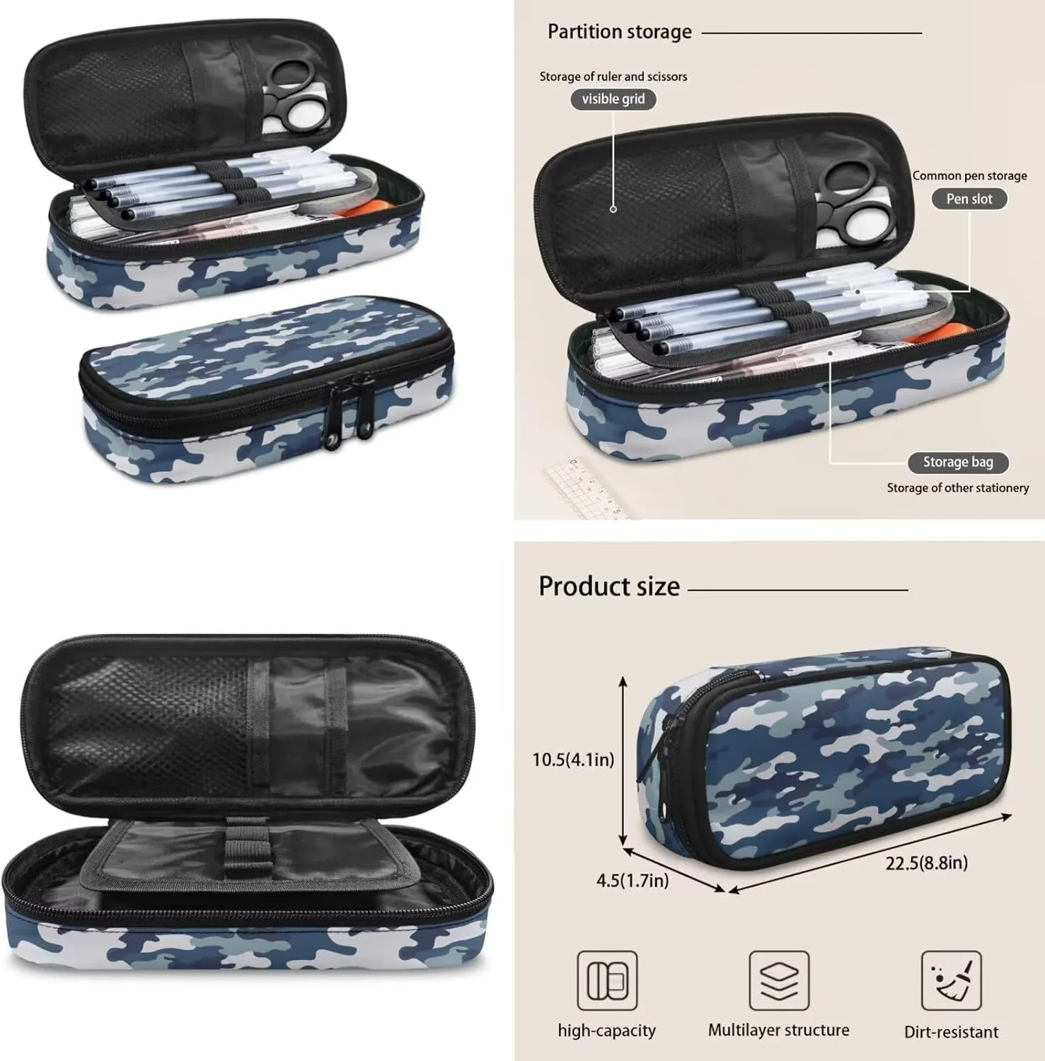 Buybai Kids Backpack 3 Pcs Set Aesthetic Bookbag Back to School Thermal Lunch Bag Modern Pencil Box for Girls Boys, Blue Camo
