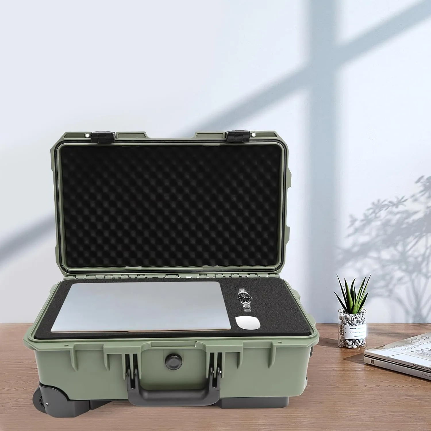 Camera Case, 22" Modern Rectangular Hard Camera Case with Foam, Pulley and Press Lock, IP67 Camera Storage Box for Camera Equipment Computers Watches Load 110lbs (Green)