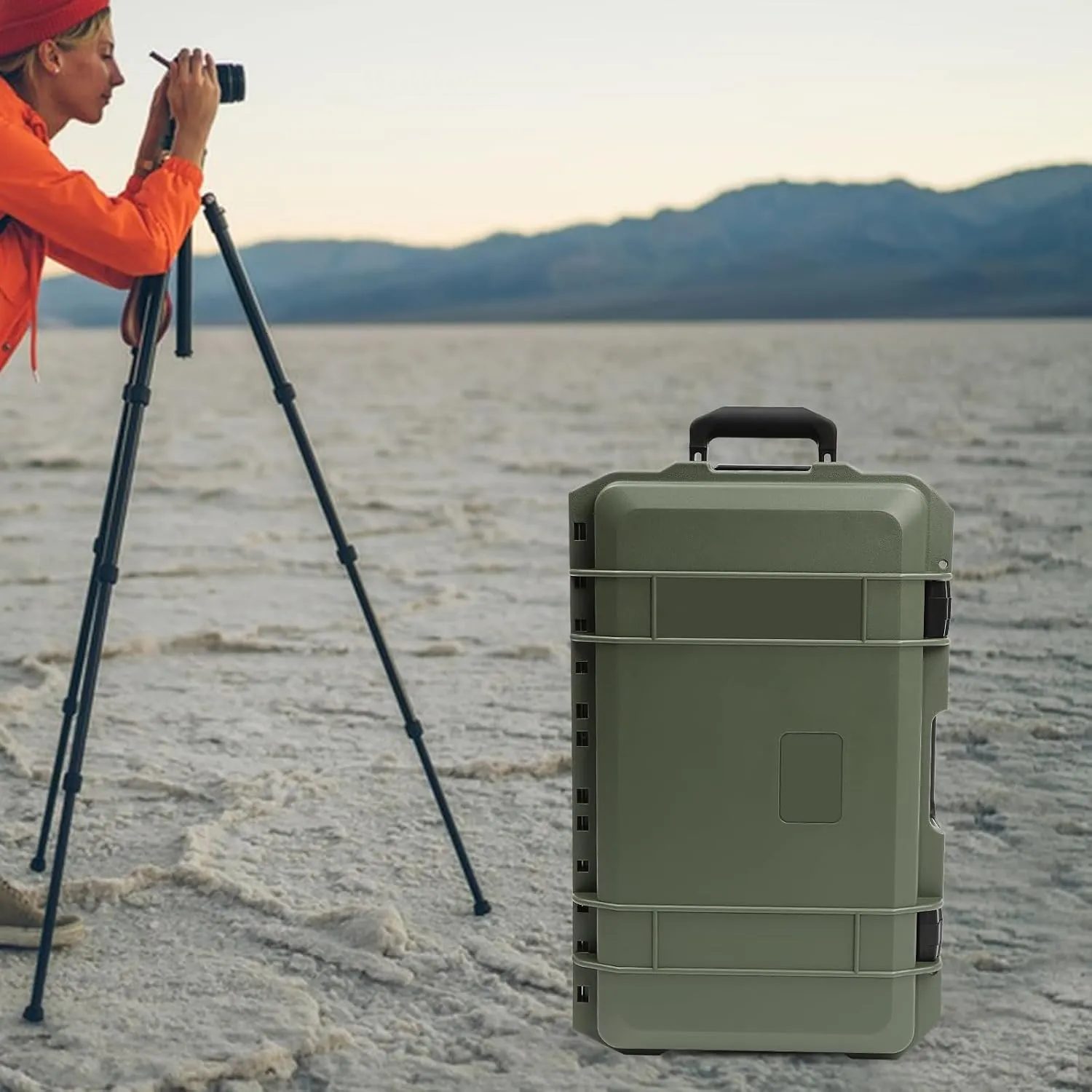 Camera Case, 22" Modern Rectangular Hard Camera Case with Foam, Pulley and Press Lock, IP67 Camera Storage Box for Camera Equipment Computers Watches Load 110lbs (Green)