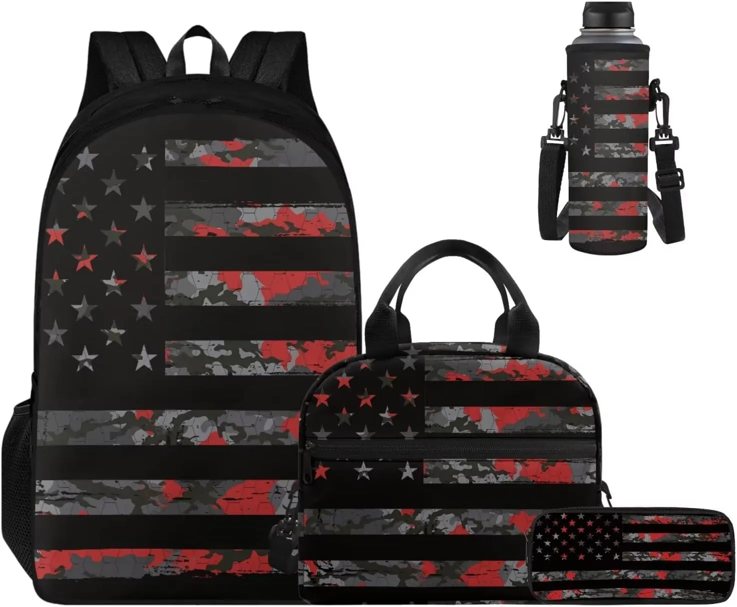 Camo American Flag Simple Modern Backpack and Lunch Box Set 17 Inch Kawaii Large School Backpack for Teen Boys 4 In 1 Set Large Capacity Pencil Case Lightweight Water Bottle Carrier Bag
