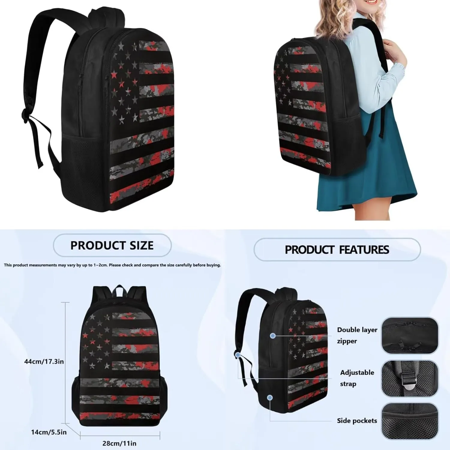 Camo American Flag Simple Modern Backpack and Lunch Box Set 17 Inch Kawaii Large School Backpack for Teen Boys 4 In 1 Set Large Capacity Pencil Case Lightweight Water Bottle Carrier Bag