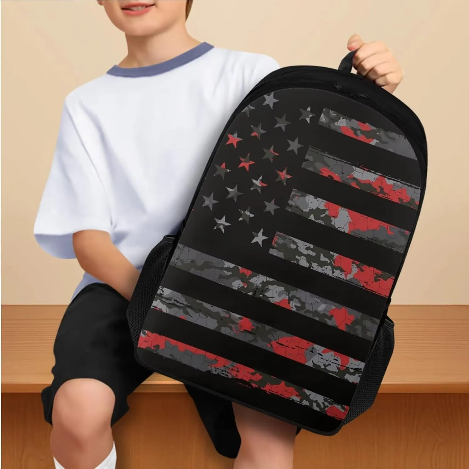 Camo American Flag Simple Modern Backpack and Lunch Box Set 17 Inch Kawaii Large School Backpack for Teen Boys 4 In 1 Set Large Capacity Pencil Case Lightweight Water Bottle Carrier Bag