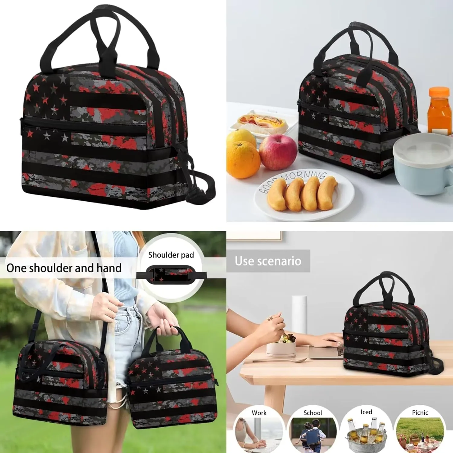 Camo American Flag Simple Modern Backpack and Lunch Box Set 17 Inch Kawaii Large School Backpack for Teen Boys 4 In 1 Set Large Capacity Pencil Case Lightweight Water Bottle Carrier Bag