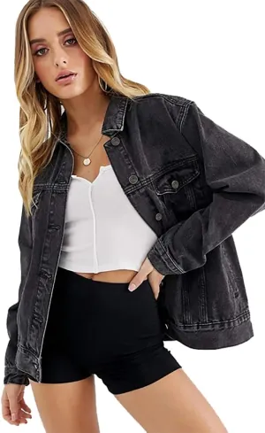 Cantonwalker Women's Oversize Vintage Washed Boyfriend Denim Jacket Long Sleeve Classic Loose Jean Trucker Jacket 003